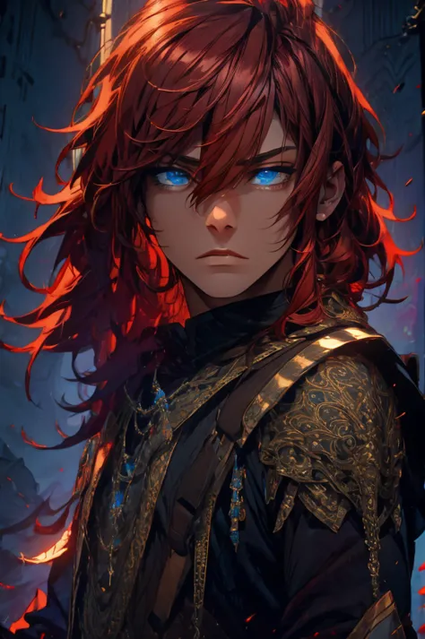 (masterpiece, best quality), intricate details, 1boy, red hair, blue eyes, Arthur, black clothes, pauldrons,
