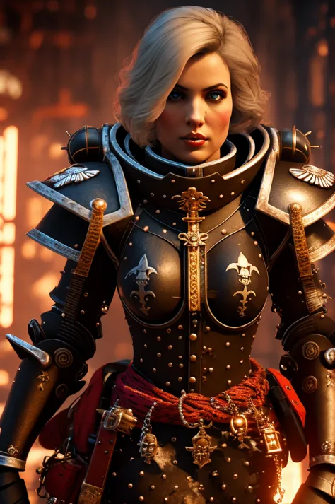 a highly detailed and realistic portrait of a beautiful blonde woman wearing power armor with a skull emblem, looking directly a...