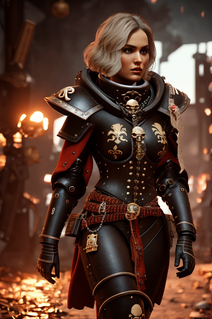 a highly detailed and realistic portrait of a beautiful blonde woman wearing power armor with a skull emblem, looking directly at the viewer, ultra-detailed, 8k, photorealistic, cinematic lighting, dramatic color palette, masterpiece, edg quality