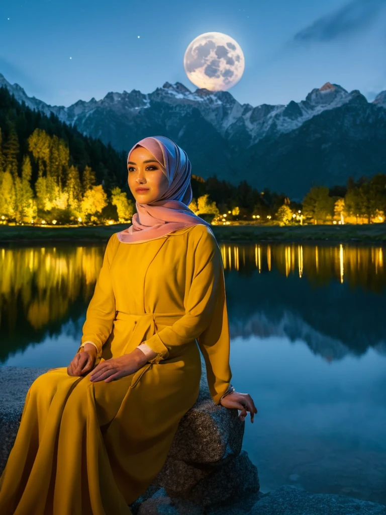 A very starry night. Big moon behind the mountains. The calm lake ...