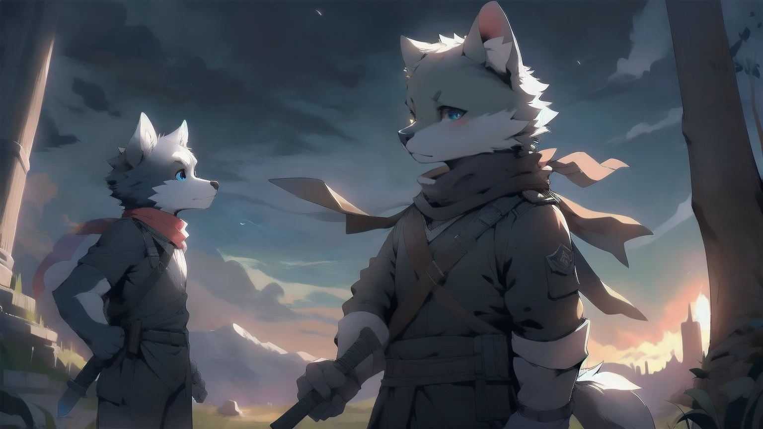 Wolf，juvenile，male，Gray-black fur，Sky blue eyes，Black combat uniform，scarf，Holding a long sword，scabbard，Draw the sword，permanent，The only one,dawn，illumination，Break，bust