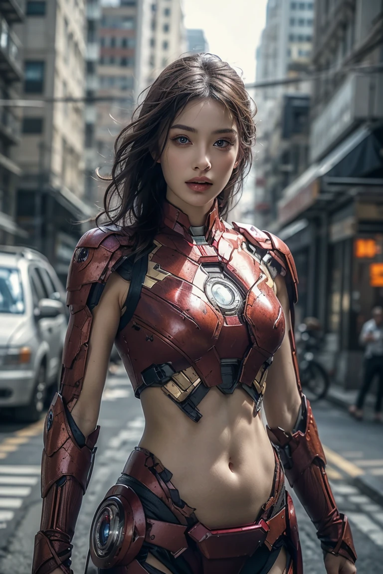 Una chica con armadura de Iron Man.，Exponiendo vientre sexy,((tiro de vaquero))，mirando a la camara，rasgos faciales detallados, Ojos bonitos, labios, y pestañas largas, realidad, 8K， Muy detallado, iluminación de estudio, iluminación dramática, Colores vibrantes, trabajar, Calles de la ciudad，El abdomen está abierto，mostrando el vientre，músculos abdominales sexys