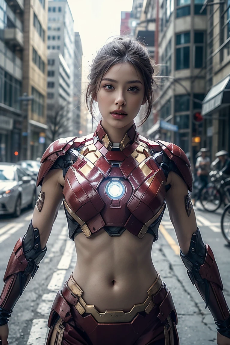 Una chica con armadura de Iron Man.，Exponiendo vientre sexy,((tiro de vaquero))，mirando a la camara，rasgos faciales detallados, Ojos bonitos, labios, y pestañas largas, realidad, 8K， Muy detallado, iluminación de estudio, iluminación dramática, Colores vibrantes, trabajar, Calles de la ciudad，El abdomen está abierto，mostrando el vientre，músculos abdominales sexys