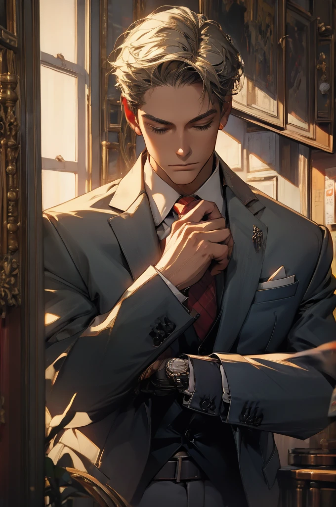 ((Masterpiece, best quality:1.2)), handsome Loid Forger, shirt, gloves, necktie, jacket, vest, pants, 8k resolution, 1man, mature male, quiet and charming young man, 25 years old, close his eyes, serious, closed mouth