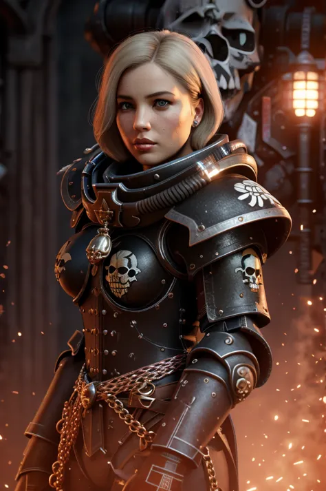 a highly detailed and realistic portrait of a beautiful blonde woman wearing power armor with a skull emblem, looking directly a...