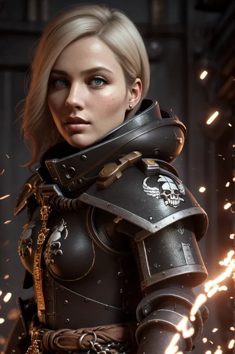 a highly detailed and realistic portrait of a beautiful blonde woman wearing power armor with a skull emblem, looking directly a...