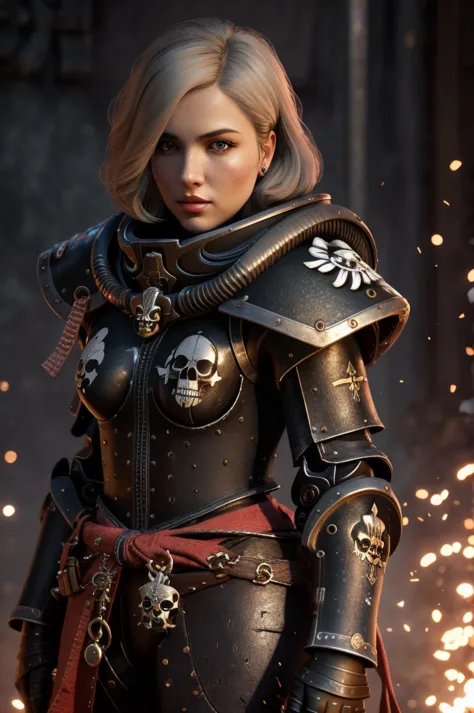 a highly detailed and realistic portrait of a beautiful blonde woman wearing power armor with a skull emblem, looking directly a...