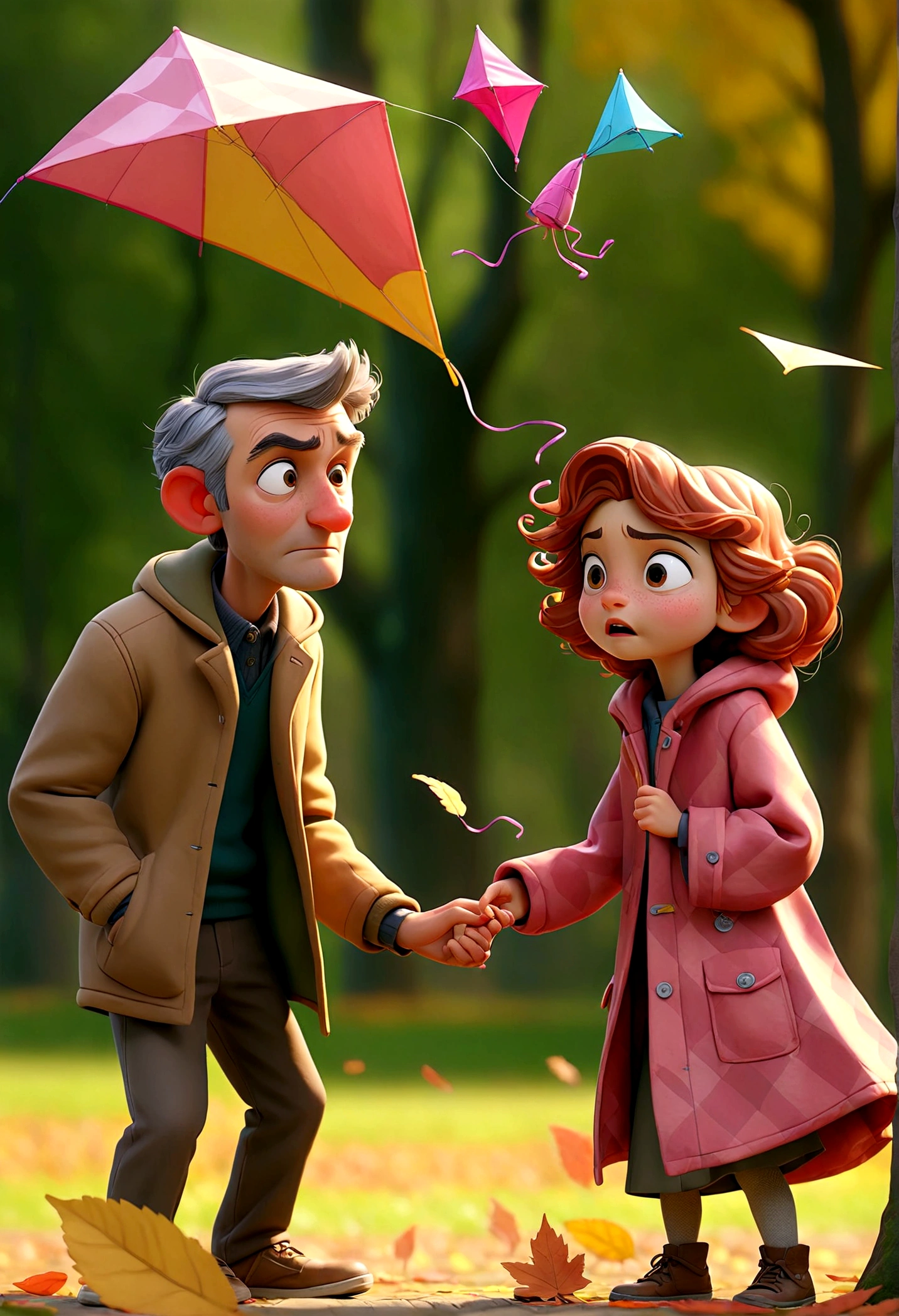 Father and Daughter, A heartwarming scene of a father figure and a child in an autumnal park. A gentle man with gray stubble, in a checkered coat and cap, teaches a jubilant girl in a pink raincoat to fly a kite. Their cheerful expressions and colorful clothing brighten the fallen leaves around them. Cinematic film still, shot on v-raptor XL, film grain, vignette, color graded, post-processed, cinematic lighting, 35mm film, atmospheric, a masterpiece, epic, stunning, dramatic, masterpiece, best quality, very aesthetic, absurdres