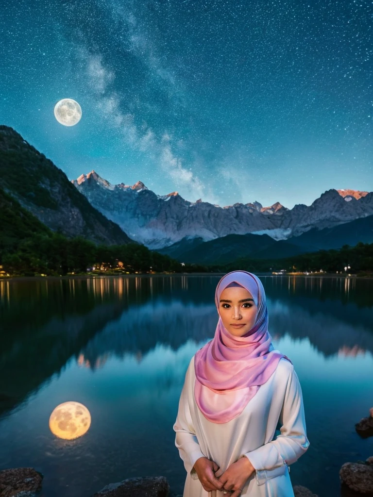 Eine sehr sternenklare Nacht. Großer Mond hinter den Bergen. Der ruhige See spiegelt die Nacht. eine schöne Koreanerin im Hijab, Weißes Longshirt, anmutige stehende Pose, trauriger Ausdruck, abdurrahnman saleh, Realistische Szene, Detail, Fotorealismus, 16k