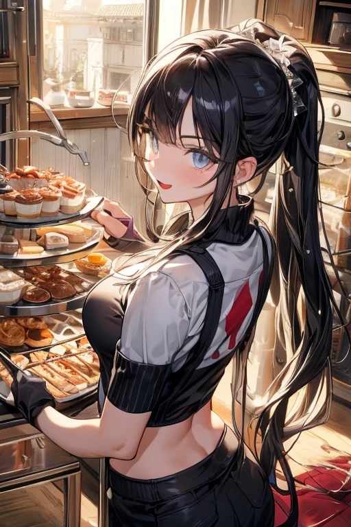 (dynamic angle:1.3, front view:1.1, breast focus:1.3, from above:1.1), (dynamic posing:1.2, sexy posing:1.2), (seductive smiling:1.3), ((looking at cake,Taking a cake out of the golden oven, worried about the outcome:1.2)),highest quality、(real、photorealistic:1.4),(ultra high resolution, 8K RAW photo, clear focus), best qualtiy, natural lighting, field depth, (Bright pupils, detailed beautiful eyes, high detailed face), Red lip, (tight focus:1.2), a girl 22yo old, Wearing a pastry chef uniform:1.3 , Thicc, thin breast, long hair, blue eyes,garter stocking, cleavage:1.2, midriff, black shorts, black thighhighs, thigh strap, pretty girl, (highly detailed beautiful face and eyes,firm breasts),real skin,((black,hair,long pony tail hair)),thin pubic hair,cute,lovely, detailed eyes,(double breasted:1.0,under bust:1.0),(with sparkling eyes and a contagious smile),open mouth, Looking at Viewer,A scene of cooking in the kitchen,looking at the golden oven
