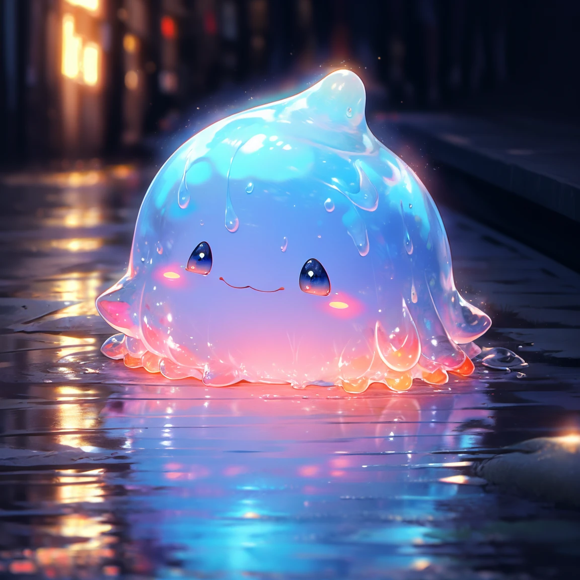 A shiny blue and red slime, hiking cute face,vibrant and translucent texture, slime stretching and squishing, detailed, mesmerizing patterns and swirls, sparkling and reflecting light, satisfying to touch and play with, high-res masterpiece, vivid colors, illuminated with soft studio lighting.