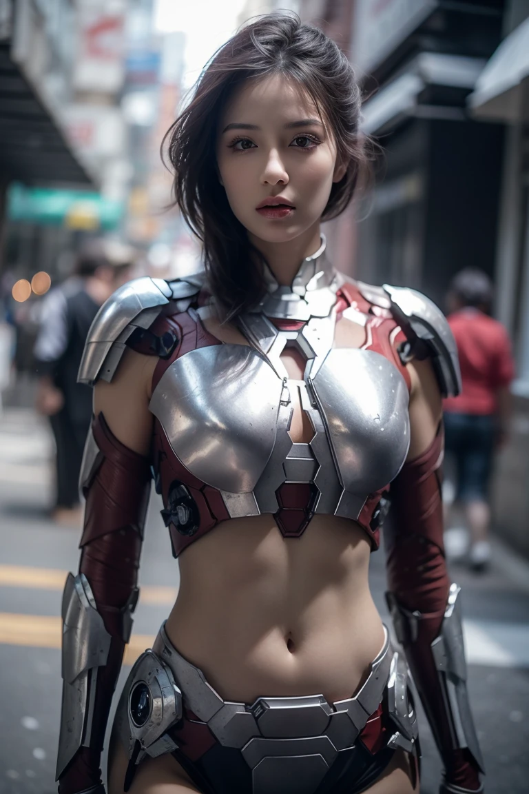 A girl wearing Iron Man armor，Exposing sexy belly,((cowboy shot))，Looking at the camera，Detailed facial features, beautiful eyes, Lips, and long eyelashes, Reality, 8K， Very detailed, Studio Lighting, Dramatic Lighting, Vibrant colors, work, City Streets，The abdomen is open，Showing belly，Sexy abdominal muscles