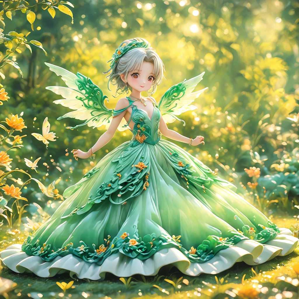 best quality, very good, 16K, ridiculous, Very detailed, charming((( Evening dress 1.3)))wing，Made of translucent jadeite, Background grassland（（A masterpiece full of fantasy elements）））， （（best quality））， （（Intricate details））（8K）