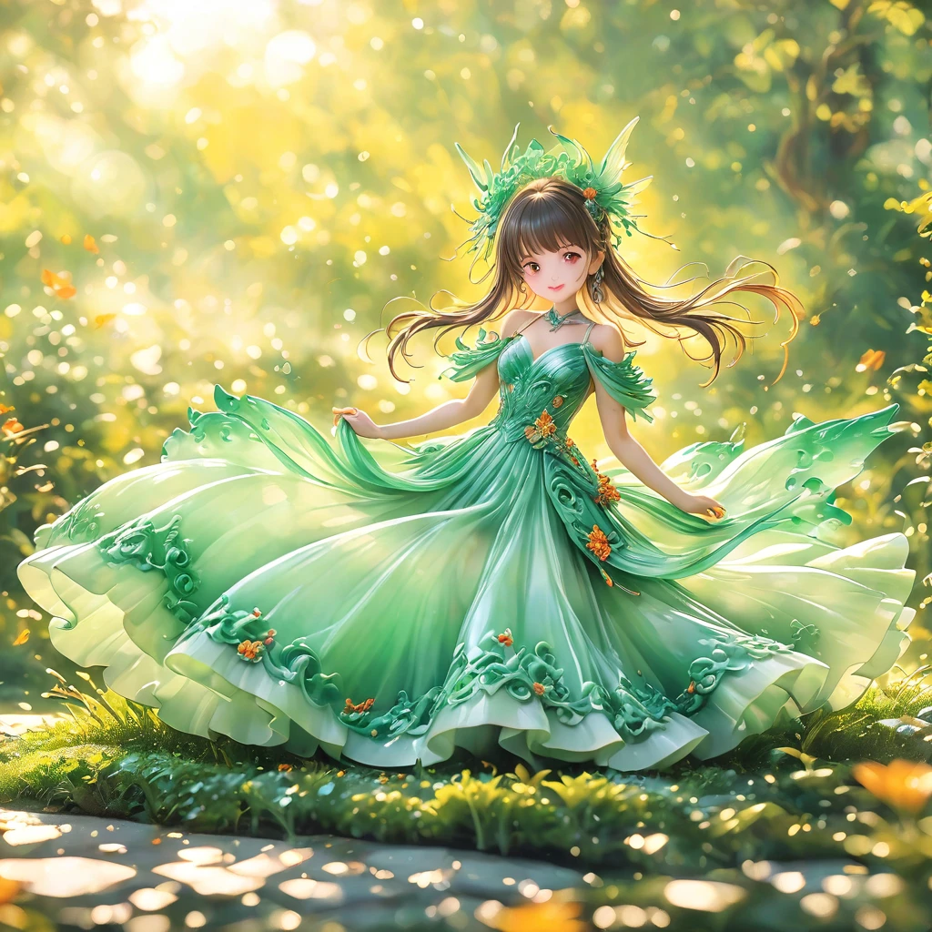 best quality, very good, 16K, ridiculous, Very detailed, charming((( Evening dress 1.3)))wing，Made of translucent jadeite, Background grassland（（A masterpiece full of fantasy elements）））， （（best quality））， （（Intricate details））（8K）