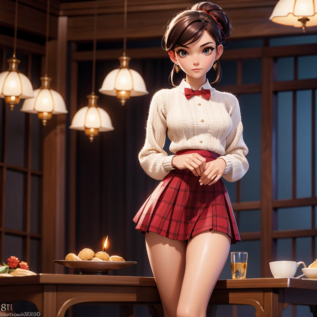 (photograph, hyperrealism, masterpiece, 8k:1.3), 1girl, Macedonian, elegant, nsfw, crochet pattern, red collared shirt, long sleeves, red plaid skirt, updo hairstyle brunette hair, smug, Warm Lighting, Soft golden or amber hues creating a cozy and inviting atmosphere, trending on Sketchfab, concept art, shot by helmut newton, straight-on, full body