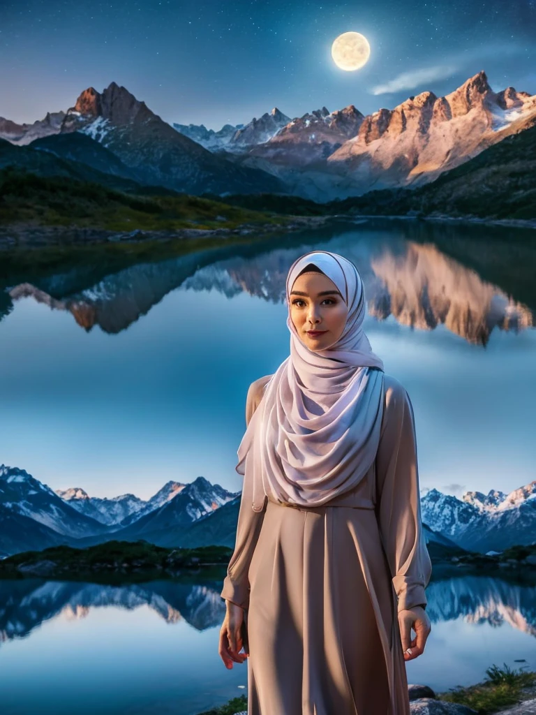 Eine sehr sternenklare Nacht. Großer Mond hinter den Bergen. Der ruhige See spiegelt die Nacht.Nahaufnahme, eine schöne Koreanerin im Hijab, Weißes Longshirt, anmutige stehende Pose, trauriger Ausdruck, abdurrahnman saleh, Realistische Szene, Detail, Fotorealismus, 16k