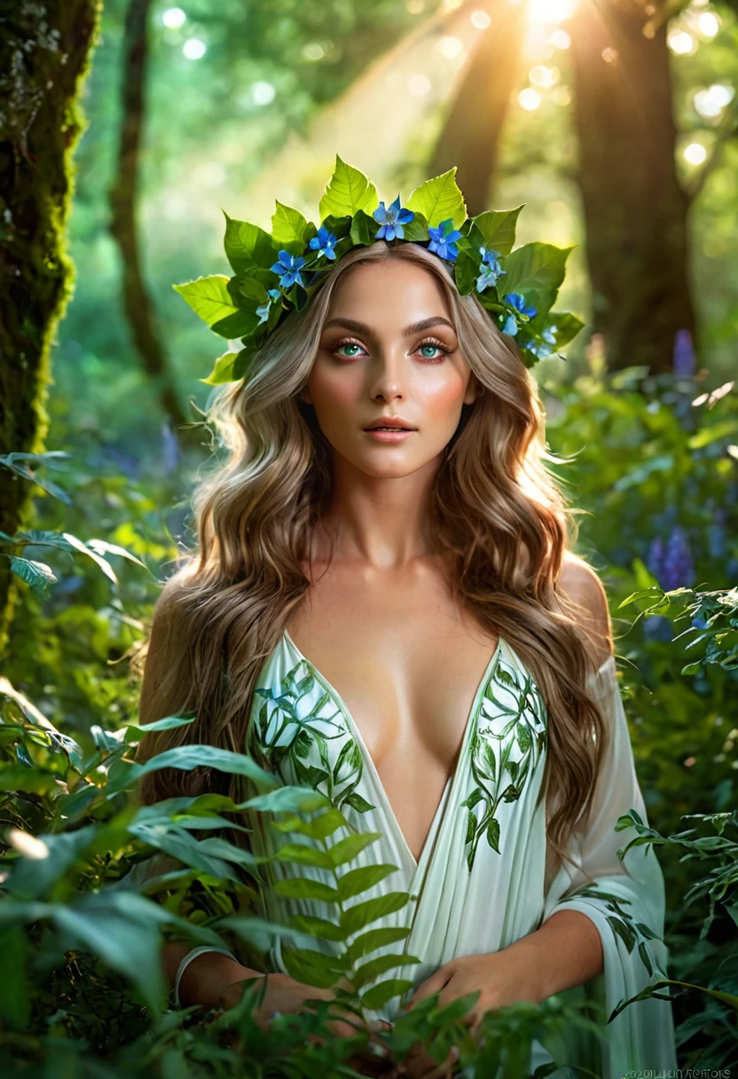 (best quality, 4k, 8k, highres, masterpiece:1.2), ultra-detailed, (realistic, photorealistic, photo-realistic:1.37), nature goddess, leaf body, portrait, greenery, wildflowers, breathtaking eyes, serene expression, graceful pose, ethereal beauty, luminous skin, flowing hair, elegant crown of leaves, soft natural light, vibrant colors, mythical essence, surreal atmosphere, dreamlike aura, harmonious connection with nature, enchanted forest.