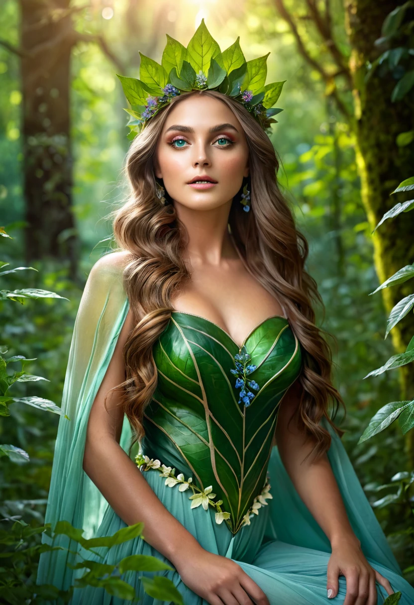 (best quality, 4k, 8k, highres, masterpiece:1.2), ultra-detailed, (realistic, photorealistic, photo-realistic:1.37), nature goddess, leaf body, portrait, greenery, wildflowers, breathtaking eyes, serene expression, graceful pose, ethereal beauty, luminous skin, flowing hair, elegant crown of leaves, soft natural light, vibrant colors, mythical essence, surreal atmosphere, dreamlike aura, harmonious connection with nature, enchanted forest.