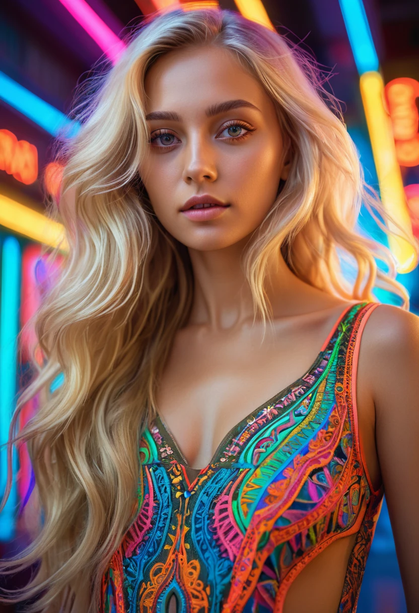 (best quality, 4K, 8K, high-resolution, masterpiece), ultra-detailed, realistic, photorealistic, portrait of a beautiful woman, long blonde hair with intricate patterns, tan skin, standing in front of colorful neon lights, psychedelic patterns, flowing hair, dress with detailed embroidery on the chest, light stripes, vibrant colors, intricate details, expressive eyes, high detail, high resolution, dynamic composition, modern style, ethereal atmosphere, soft lighting.