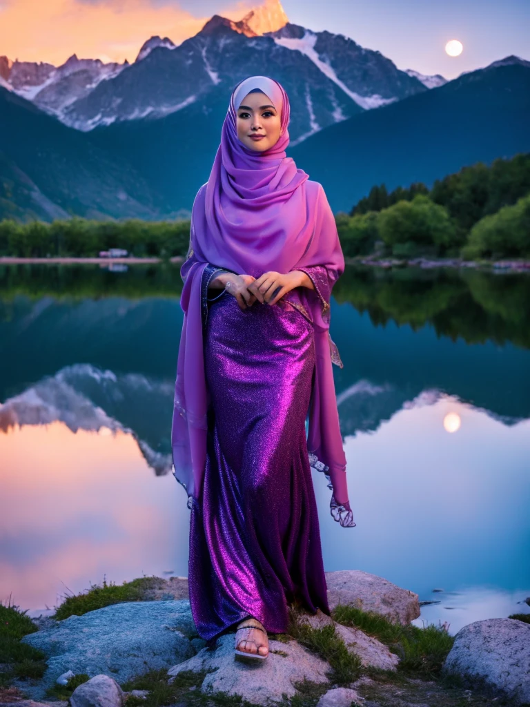 A very starry night. Big moon behind the mountains. The calm lake reflects the night.close up, a beautiful Korean woman in hijab, purple dress, graceful standing pose, sad expression, abdurrahnman saleh, realistic scene, detail, Photorealism, 16k