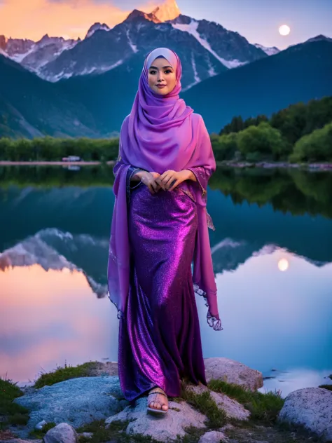 A very starry night. Big moon behind the mountains. The calm lake reflects the night.close up, a beautiful Korean woman in hijab...