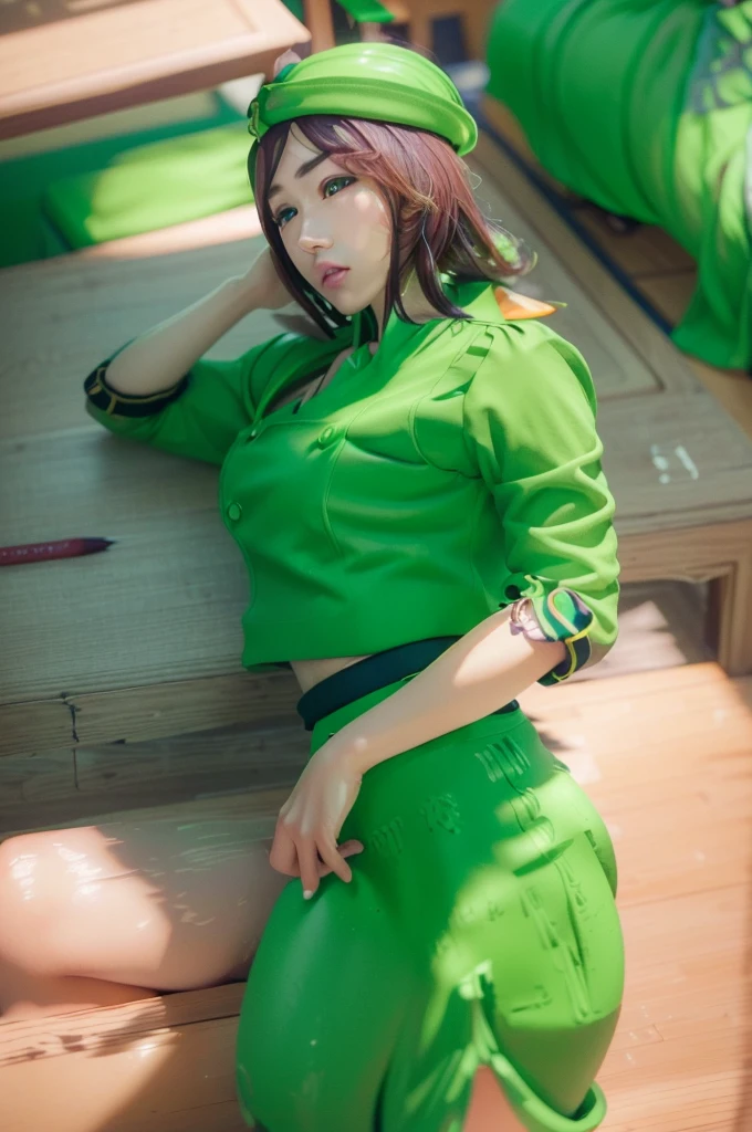 masterpiece, best quality, intricate details, highly detailed, ultra detailed,4k,intricate details panties,(((hayakawa,tazuna,ponytail,green headwear,green jacket,green skirt,pencil skirt))),sitting ground,spread legs, spread crotch,panties shot,(((detailed panties, pvc panties, brocade))),cameltoe,