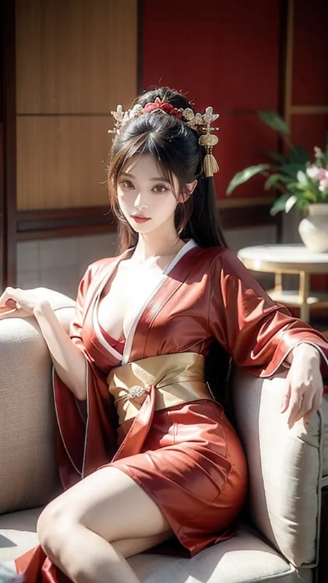 Asian courtesan in red kimono and extravagant hairstyle sitting on beige leather furniture posing like a model