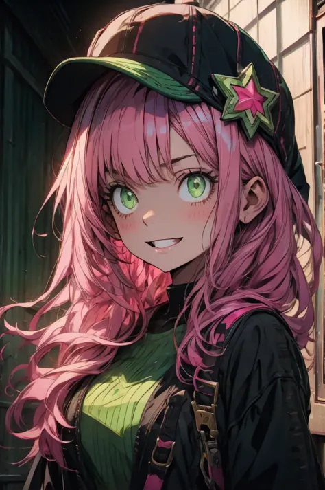 an anime girl with pink hair and green eyes with a surprised expression on her face and a black cat hat, (1girl:0.992), (:d:0.58...