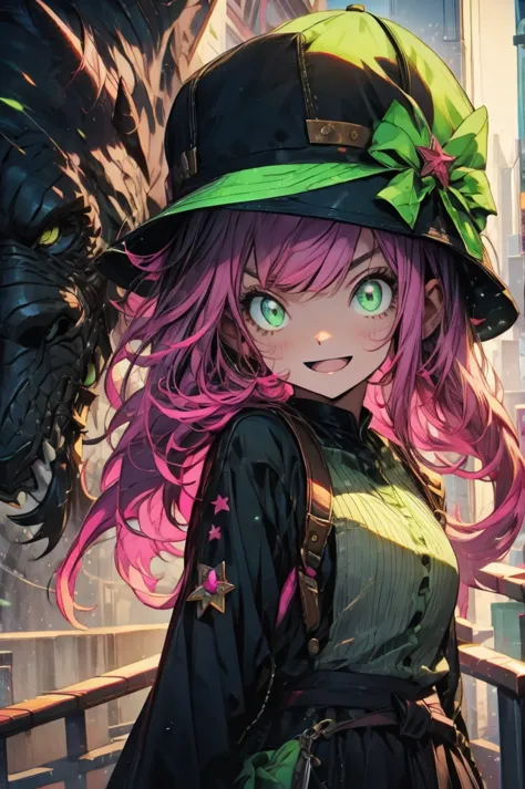 an anime girl with pink hair and green eyes with a surprised expression on her face and a black cat hat, (1girl:0.992), (:d:0.58...