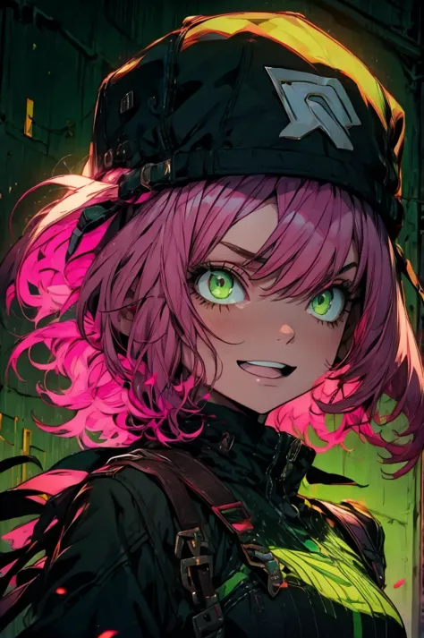 an anime girl with pink hair and green eyes with a surprised expression on her face and a black cat hat, (1girl:0.992), (:d:0.58...