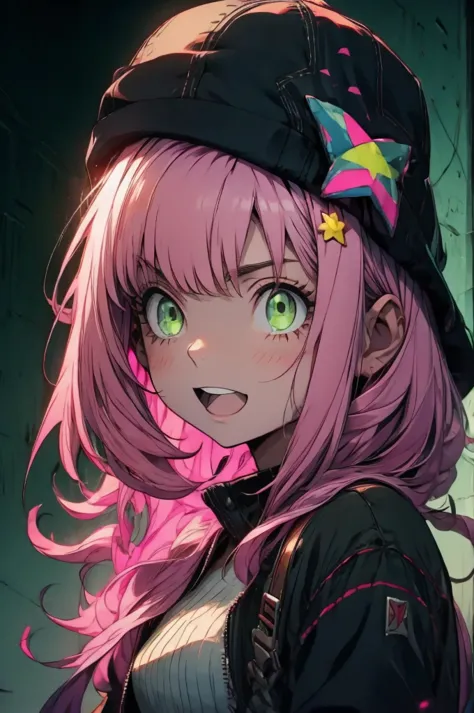 an anime girl with pink hair and green eyes with a surprised expression on her face and a black cat hat, (1girl:0.992), (:d:0.58...