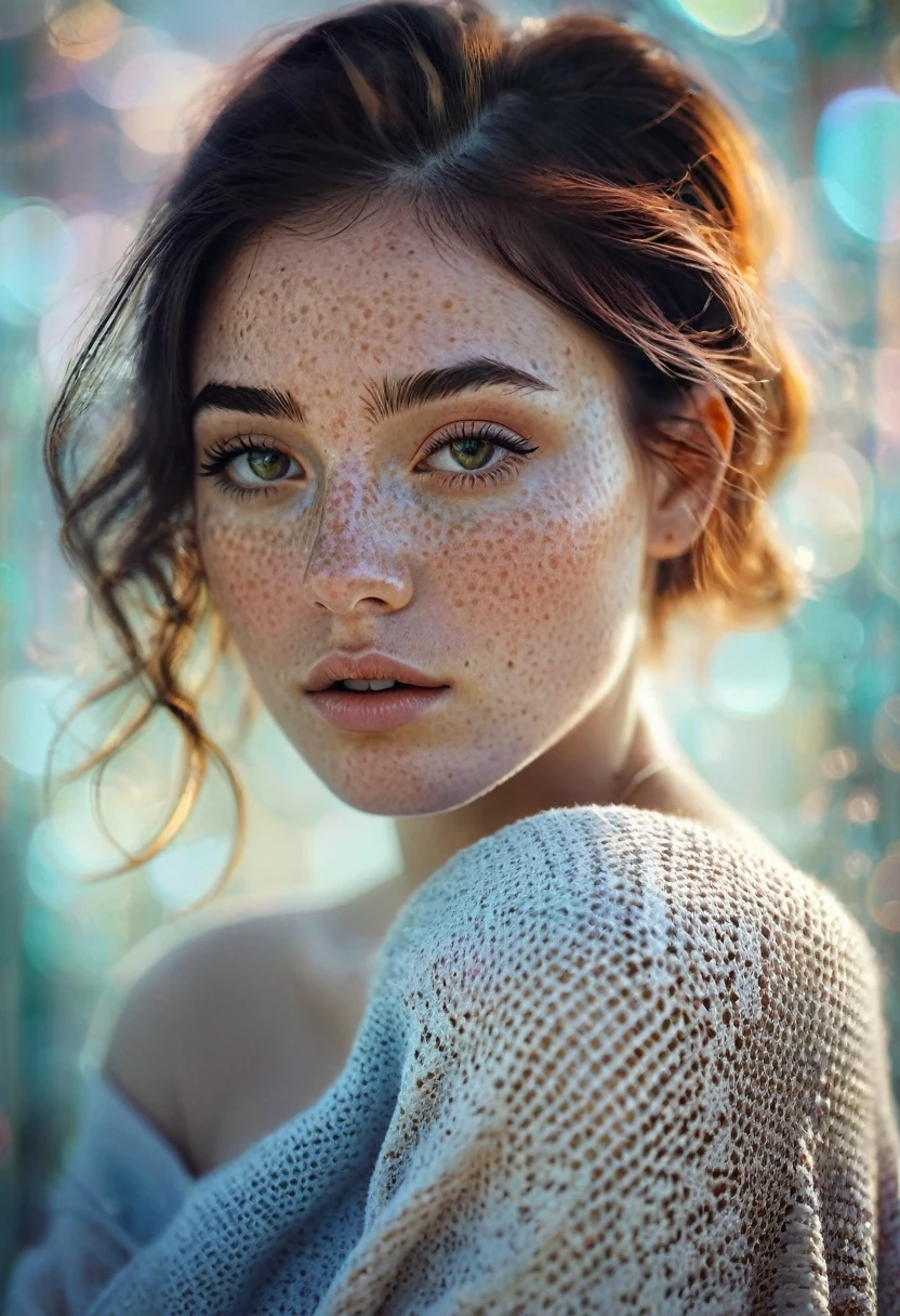 1girl,mysterious girl with freckles,an exotic girl in off-shoulder sweater,fading backlit background,pastel colors,alluring goddess,amazing depth,double exposure,surreal,geometric patterns,intricately detailed,bokeh,perfect balanced,deep fine borders,artistic photorealism,smooth