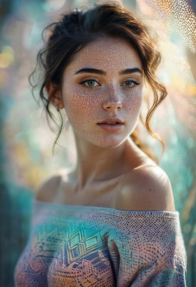 1girl,mysterious girl with freckles,an exotic girl in off-shoulder sweater,fading backlit background,pastel colors,alluring goddess,amazing depth,double exposure,surreal,geometric patterns,intricately detailed,bokeh,perfect balanced,deep fine borders,artistic photorealism,smooth