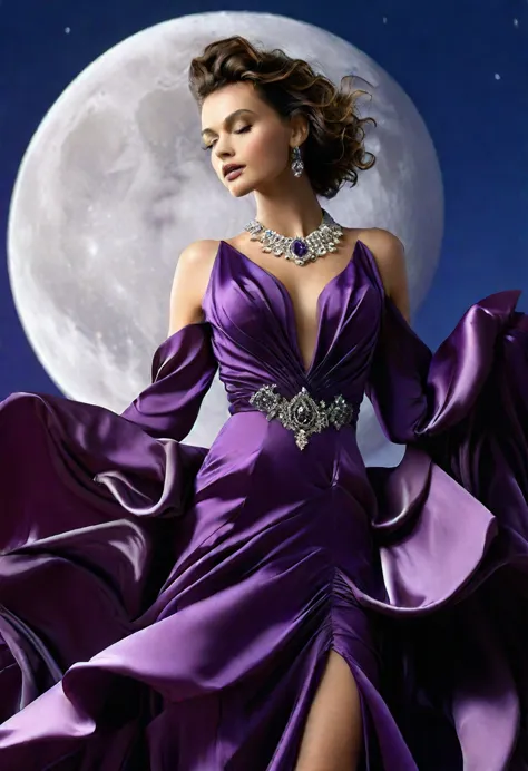 Long flowing skirt, arms and back exposed, sparkling, ideal figure, large bust and fair skin, wearing gorgeous deep purple satin...