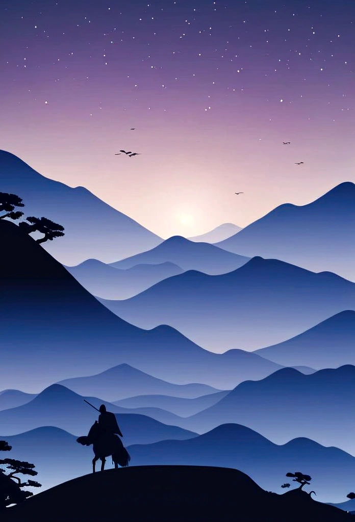 silueta de un samurái en la cima de una montaña sinuosa, ambiente nocturno tonos azules. estilo vectorial