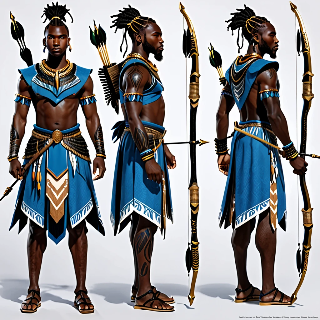 character reference sheet {Realistic character design sheet of a Black man with blue tribal african warrior clothes holding a sword and bow and arrow, multiple views including front, side, back and 3/4, afrofuturism, ultra quality, higly detailed, african god of hunt