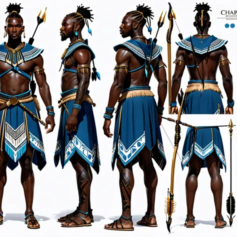 character reference sheet {Realistic character design sheet of a Black man with blue tribal african warrior clothes holding a sw...