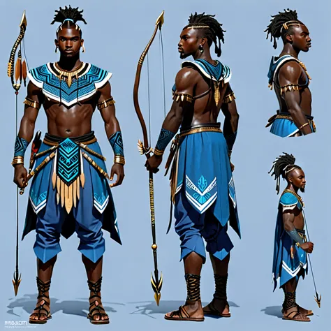 character reference sheet {Realistic character design sheet of a Black man with blue tribal african warrior clothes holding a sw...