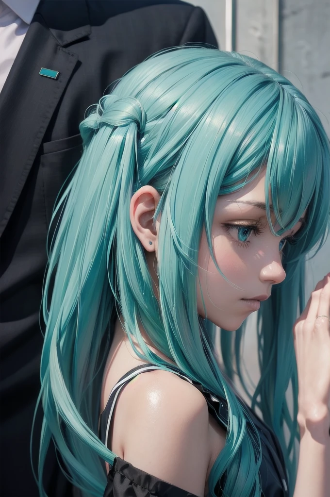 Hatsune Miku serrant la main d&#39;Obama, 1fille, 1 homme, profil latéral