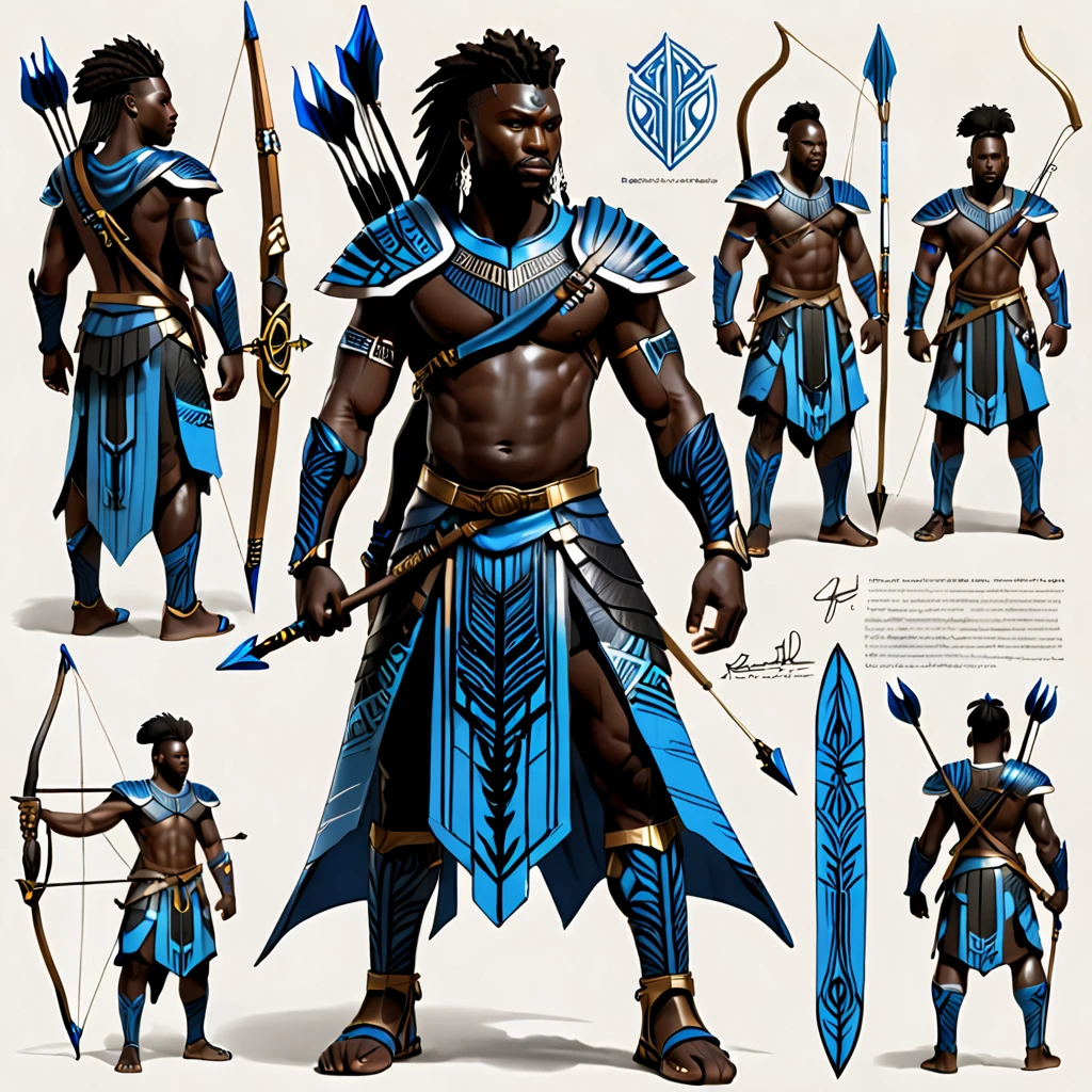 character reference sheet {Realistic character design sheet of a Black man with blue tribal african warrior clothes holding a sword and bow and arrow, multiple views including front, side, back and 3/4, afrofuturism, ultra quality, higly detailed, african god of hunt