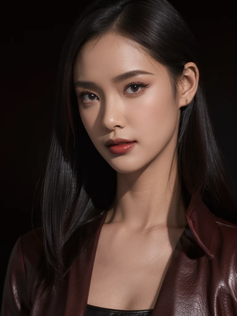 best quality, realistic, black background, KristannaTX, (a female Indonesian supermodel), (spread arms:1.0), (wine red leather jacket) (buttoned jacket:1.1), seductive smile, (dark hair), (updo:1.0), perfect eyes, sharp details, detailed face, (face makeup), (cheeks blush), (eyeliner), (eyeshadows), (lip gloss:1.0), cleavage, d cups breasts, (dark), (shadows), (macro photography:1.1)