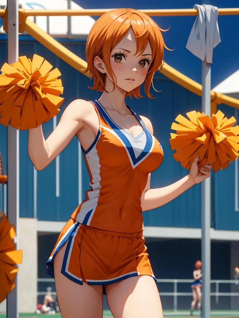 Nami from one-piece, 1women, as a cheerleader, wearing cheerleading outfit, at a playground , orange colour short hair, 8k, high detailed, high quality
