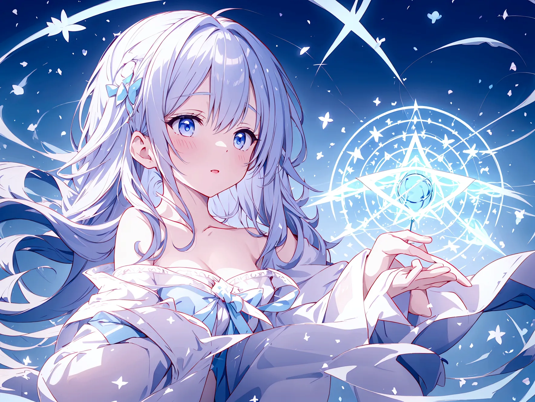 Naked and wearing a magic robe、Pure white magic robe、Cute frilly light blue underwear、Magic wand
