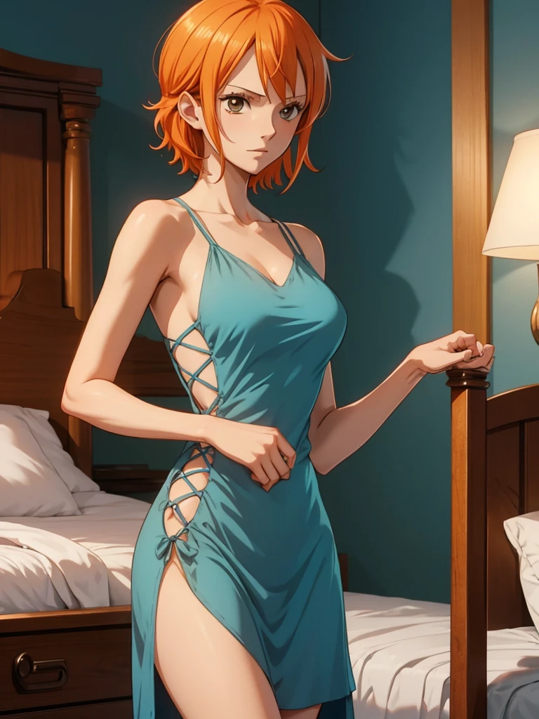 nami d&#39;une seule pièce, 1femme, porter une robe de nuit, au lit du matin, cheveux courts couleur orange, 8k, très détaillé, Haute qualité
