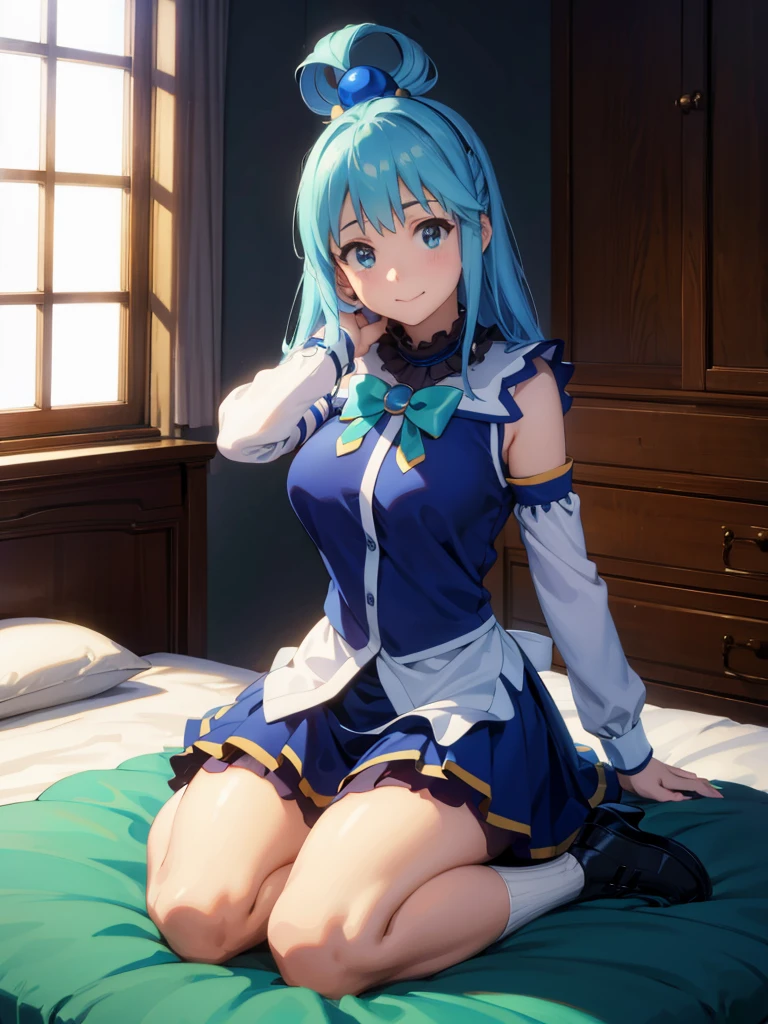 Best Image Quality, 8 k, high quality, masterpiece:1.2), ((masterpiece)), (high detail, high quality, Best Image Quality), solo, 1 girl, Konosuba ,aqua, detailed face, exhilaration, beautiful smile, looks at the viewer, detailed clothing, detailed fabric, Hair rings, maid, lace, shoes, Medium breasts, middle thighs, Bedroom, Bed, kneeling on the bed