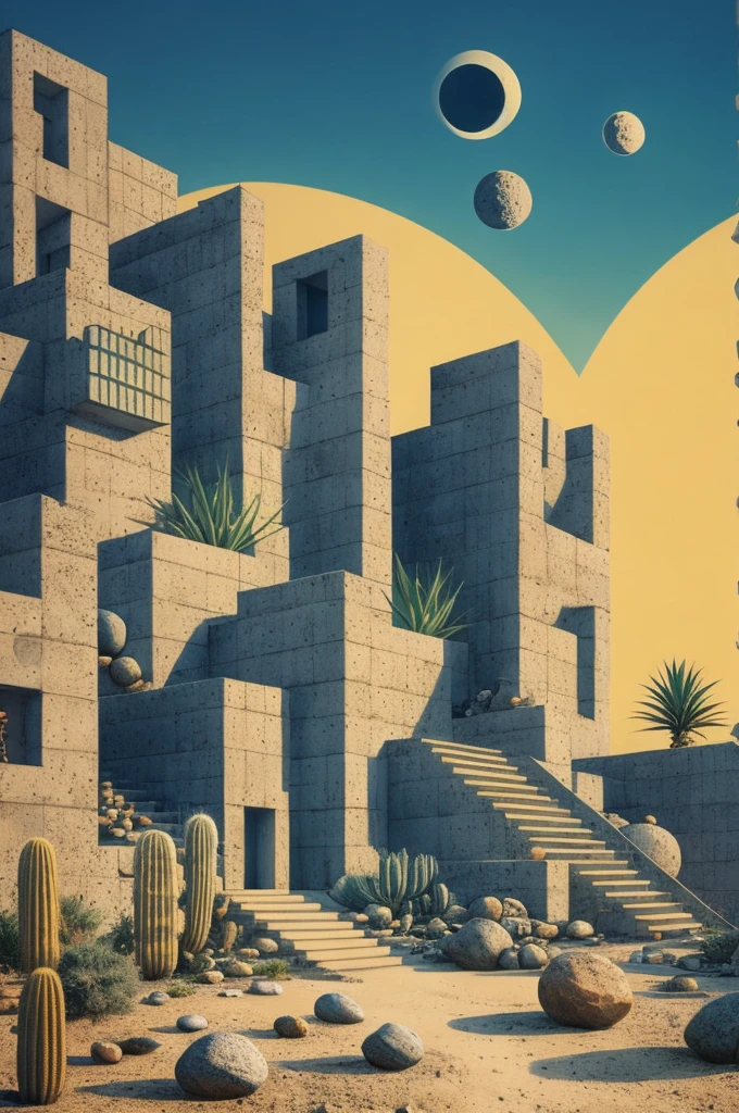 An illustration in collage style, with giant boulders, brutalist building sections, stairs, cacti, agave, concrete texture, multiple geometric shapes, hatch and cross hatching, planet saturn, volcano, moon, Luis Barragán's architectural style build