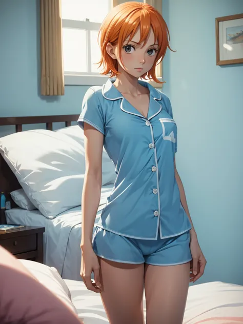 Nami from one-piece, 1women, wearing a cute night pajamas, light blue colour pajamas, at morning bed, orange colour short hair, ...