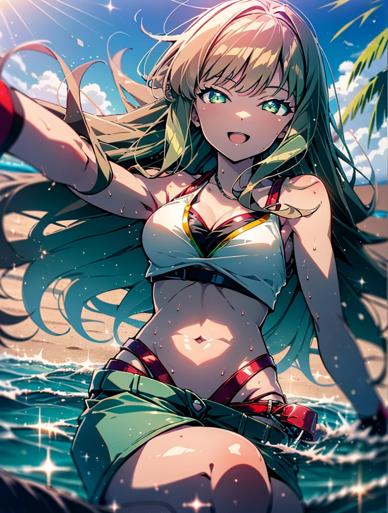 minami yume ,sss Dynazenon ,Long Hair, Brown Hair, (Green Eyes:1.5) ,Long braids,happy smile, smile, Open your mouth,belly button,Red Bikini Swimsuit,barefoot,red belly dancer,pararel, A bright red blanket is wrapped around his waist...,(Beach salon),  Big Breasts,((salon)), Beach outfit,Real Summer,Palm tree,whole bodyがイラストに入るように,
break outdoors, Beach,
break looking at viewer, whole body,
break (masterpiece:1.2), Highest quality, High resolution, unity 8k wallpaper, (shape:0.8), (Beautiful and beautiful eyes:1.6), Highly detailed face, Perfect lighting, Highly detailed CG, (Perfect hands, Perfect Anatomy),