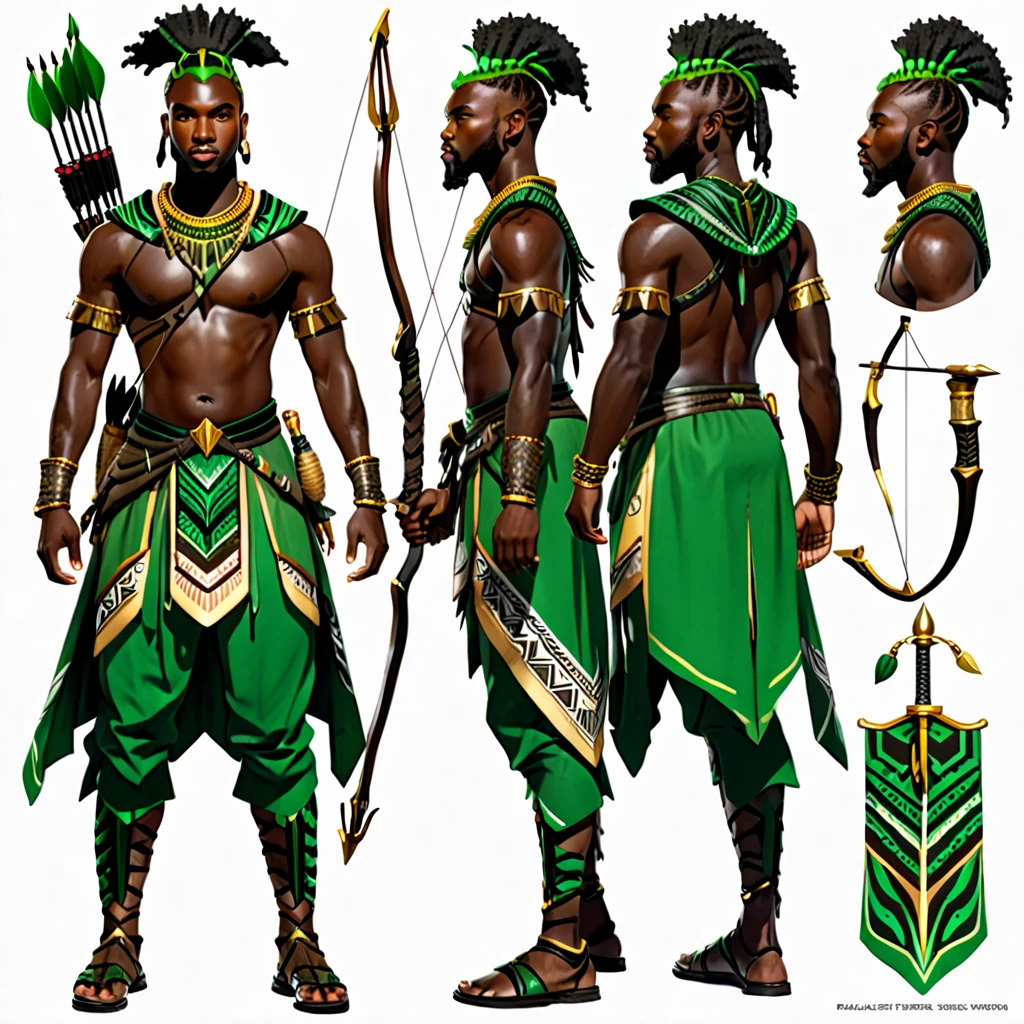 character reference sheet {Realistic character design sheet of a Black man with green tribal african warrior clothes holding a sword and bow and arrow, multiple views including front, side, back and 3/4, afrofuturism, ultra quality, higly detailed, african god of hunt