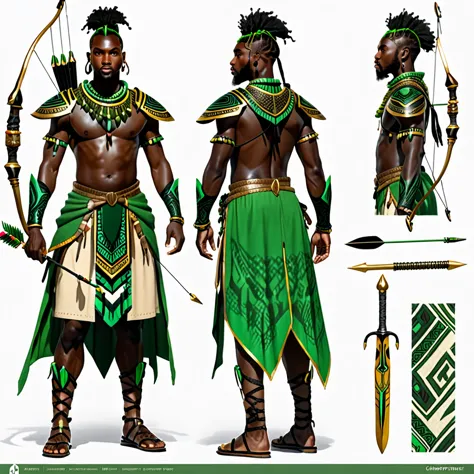 character reference sheet {Realistic character design sheet of a Black man with green tribal african warrior clothes holding a s...